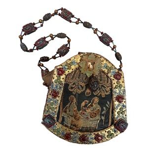 Mary Frances Beaded Tapestry Crossbody Bag Brown Gold Tree of Life Embellished